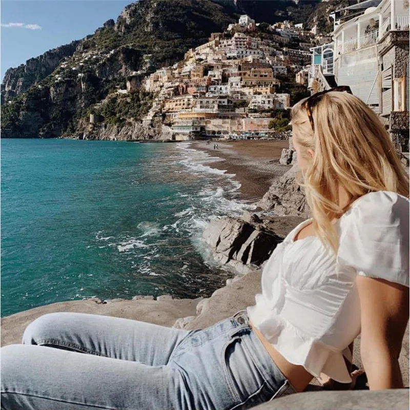 Женские повседневные Элегантные белые футболки с коротким рукавом и квадратным