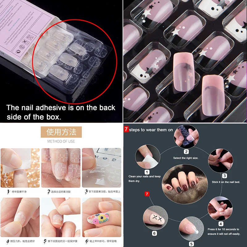 JQ 24 pcs in 1 Box With Nail Glue Tape Press On False Art Tips Full Cover Fake Tip 10 Sizes 3D006 | Красота и здоровье