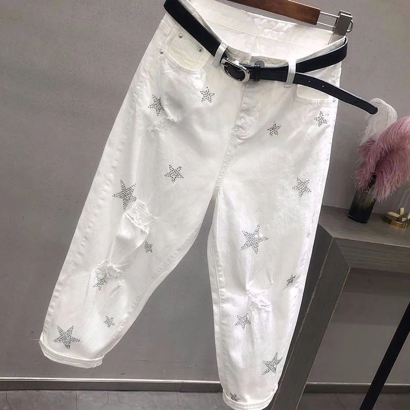 Spring Autumn Korea Fashion Women White Jeans High Waist Vintage Hole Loose Denim Pants Casual Ankle-length Harem Pants D436