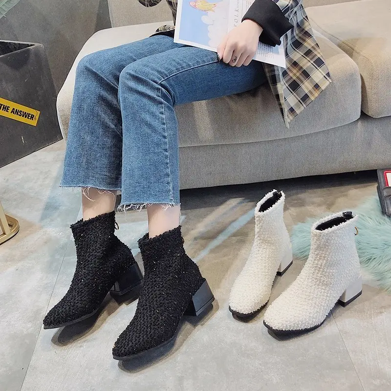 

Square Toe Thick Heel Short Boot Women's Shoes Autumn Winter Fashion Cotton Boots New Boots Women's British Style Boot
