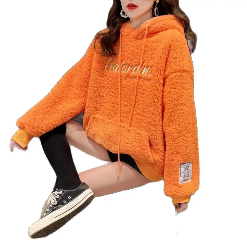 Large Size Candy Color Lamb Wool New 2022 Korean Fashion Loose Plus Velvet Thick Coat Hooded Sweater Solid Color Women