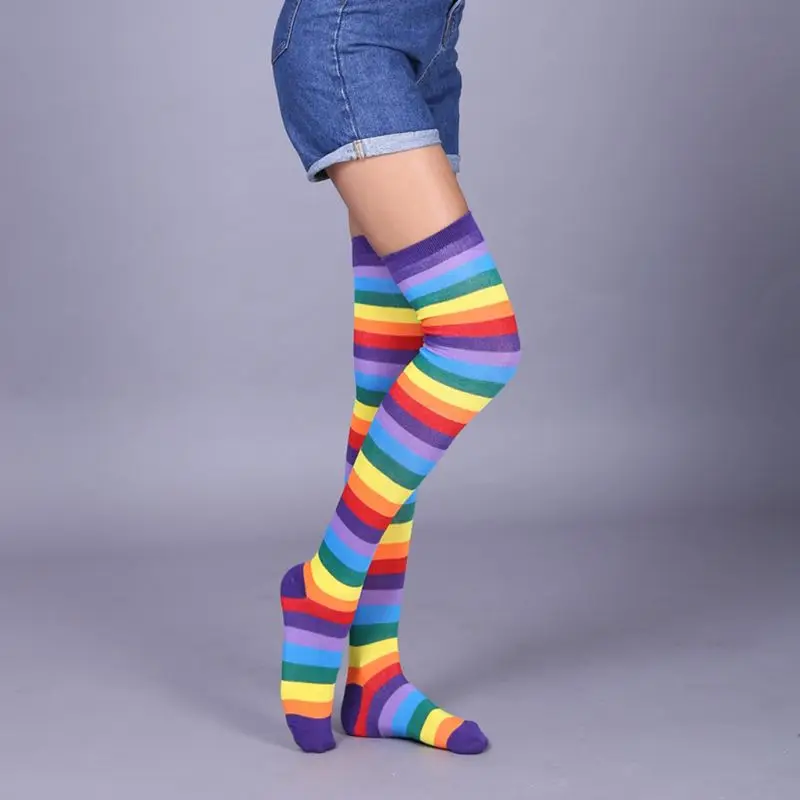 

Women Girls Fancy Rainbow Colorful Stripes Over Knee Long Socks Knitted Stretchhy Halloween Cosplay CostumeThigh High Stockings