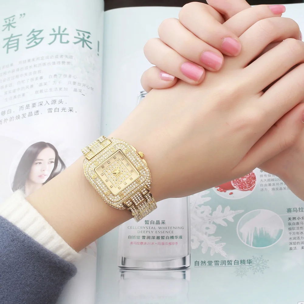 Роскошный квадратный кварцовый алмаз женское платье часы Золотой лед цепи из