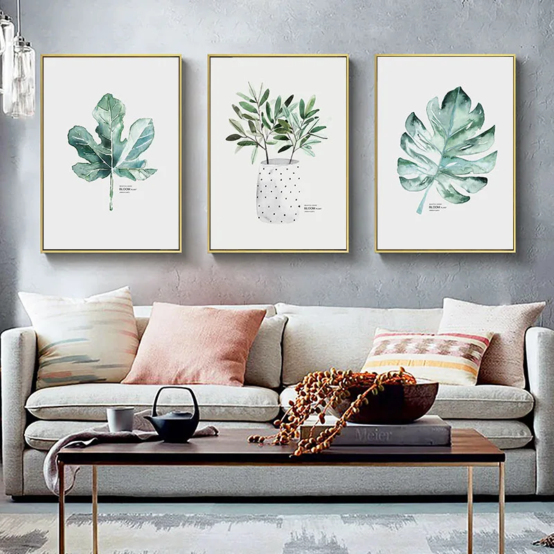 Водяная краска Зеленый лист холста плакат Nordic Wall Art Ботаническая печать живописи скандинавское украшение картина для дома.