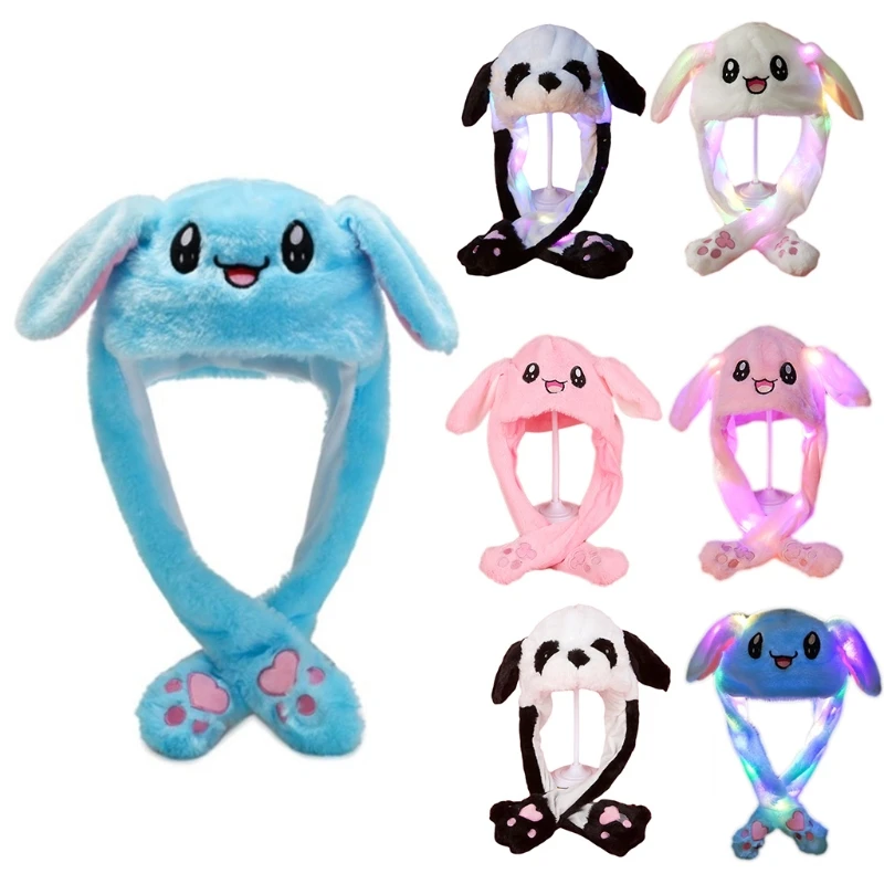 

Adult Kids Light Up Plush Animal Hat with Moving Ears Cartoon Rabbit Bunny Panda LED Glowing Earflap Cap Stuffed Toys