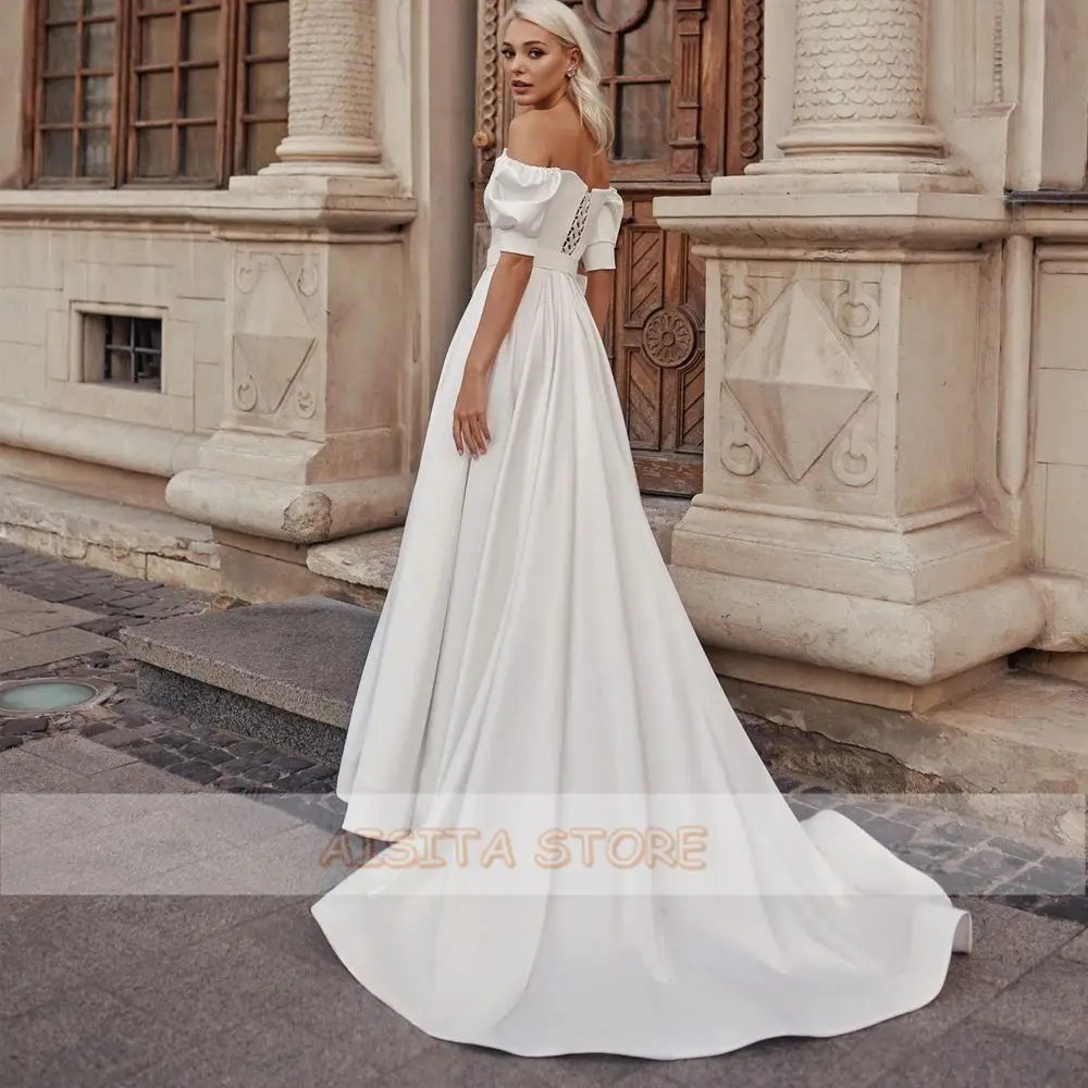 Simple Wedding Dresses 2021 Elegant Satin Off the Shoulder Lantern Sleeves Sweetheat  A Line Court Train Bridal Gowns with Belt