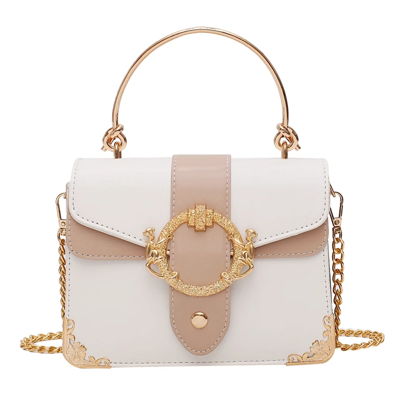 

Contrast color Square crossbody bag 2021 Totes With Metal Handle Quality PU Leather Women's Handbag Chain Shoulder Messenger Bag