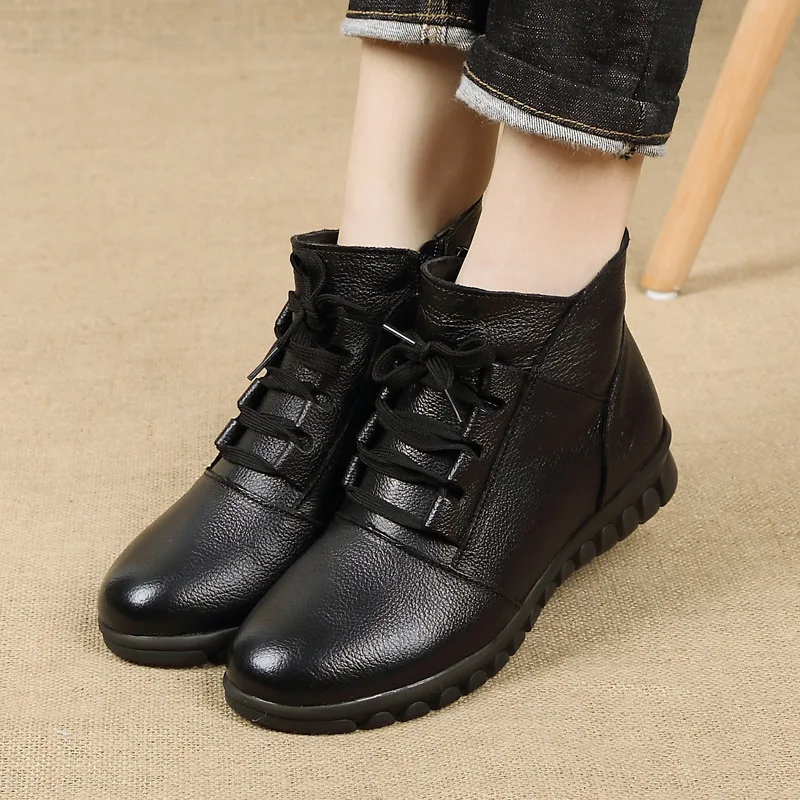 

New Genuine Leather Shoes Woman Winter Boots 2020 Women's Ankle Boots Flat With Zip Fur Female Retro Shoes