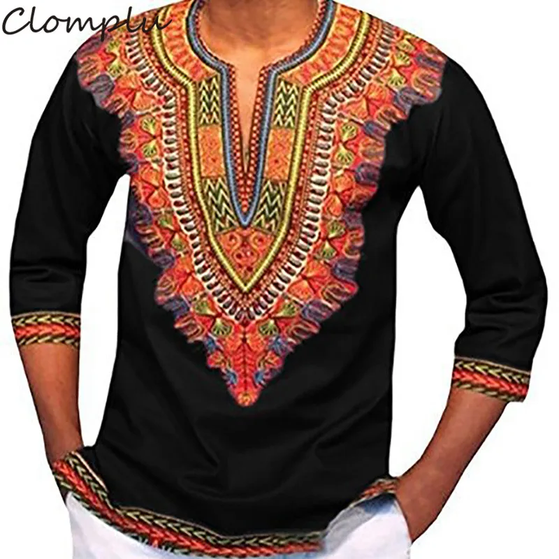 

Clomplu African Clothes Fashion Dashiki Shirt Men Autumn Traditional African Men Clothes Midi Sleeve Print Black Gray