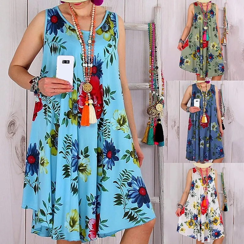 

Large Size Women Chiffon Dress Summer Loose Sleeveless O-neck Floral Print A-line Dress Female Boho Beach Casual Dress Vestidos