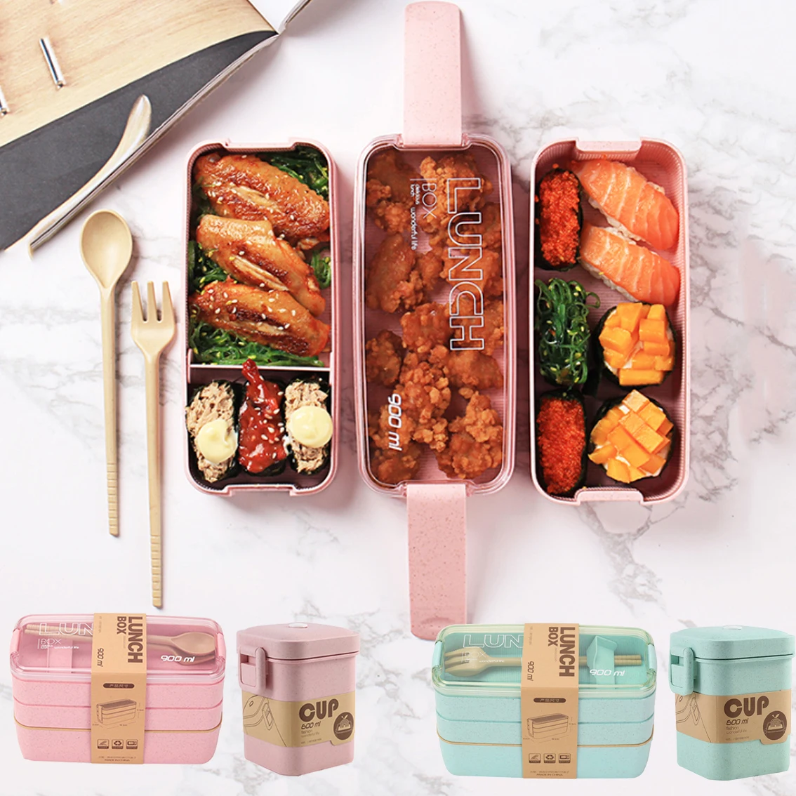 900 мл здоровый материал Ланч-бокс 3 слоя пшеничной соломы Bento коробки