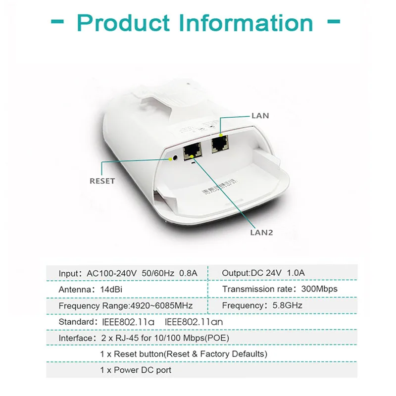 2 pieces 1-3 km 300 Mbit open router CPE 5.8 G wireless access point router Wi-Fi bridge extension center router with 24 V POE
2 pieces 1-3 km 300 Mbit open router CPE 5.8 G wireless access point router Wi-Fi bridge extension center router with 24 V POE