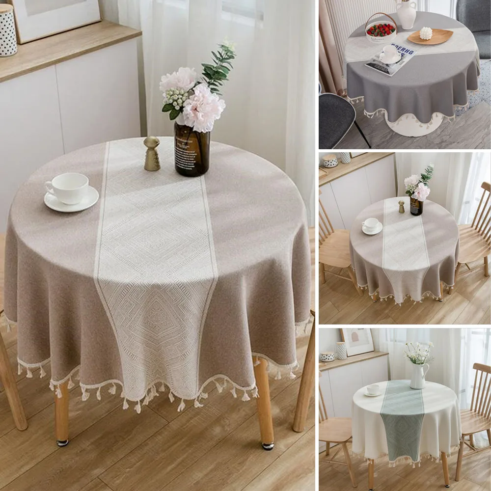 

Cotton Geometric Jacquard Tablecloth Round Home Decoration Table Cover With Tassel For Banquet Party Nappe Table Protector 150CM