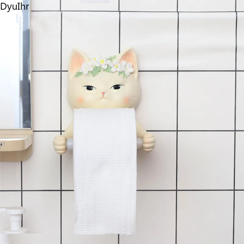 

DyuIhr creative cute cartoon cat resin roll paper tube toilet tissue box wall-mounted rack free punching bathroom accessories