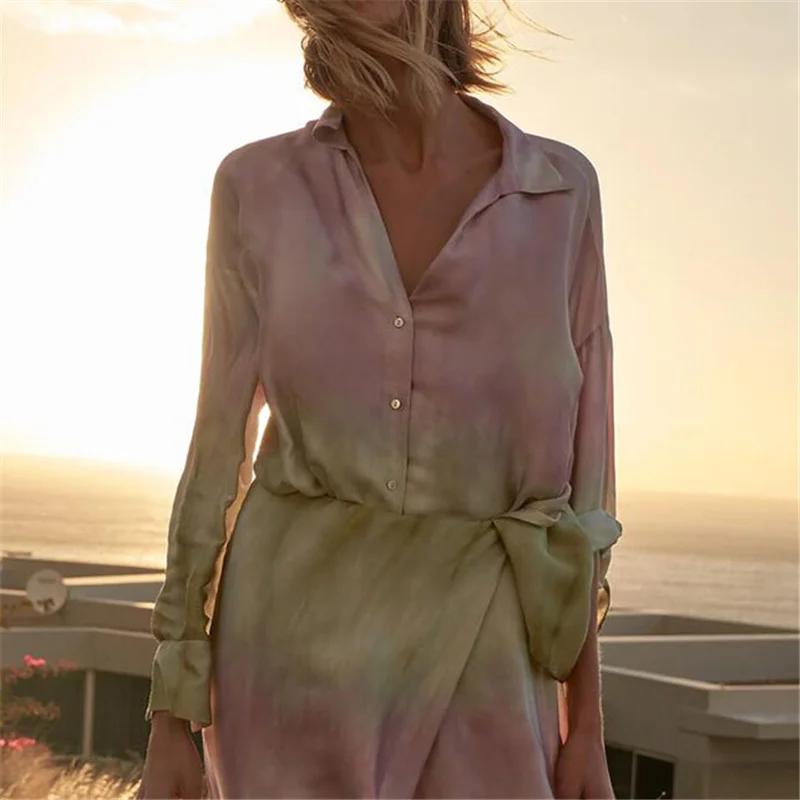 

Lapel Long Sleeve Female Shirts Fashion Tie-dye printing Loose Blouses Shirt Women Chic Tops Ladies Casual Clothing