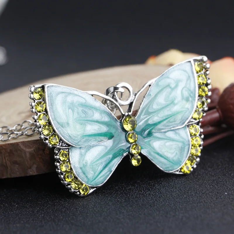 

Hot Retro Drip Painted Rhinestone Butterfly Pendant Necklace For Women Alloy Fashion Jewelry Chains Statement Necklace Egirl