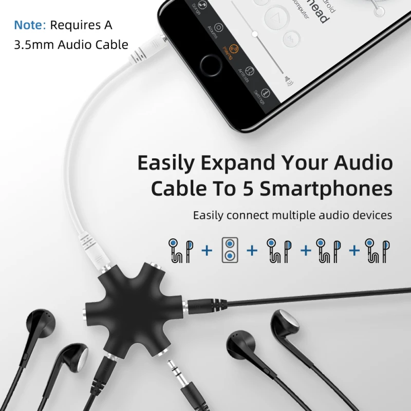 

New 3.5mm Audio Aux Cable Splitter 1 Male To 5 Female Earphone Port 3.5 Jack Share Adapter For Ipod Ipad MP3 MP4 Mobile Phone