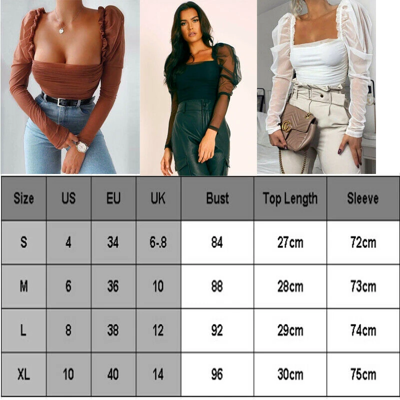 

Women Sexy Slim Solid Blouses Casual Top Solid Mesh Patchwork Puff Sleeve Ruched Blouse Shirts Ladies Elegant Clubwear Plus Size