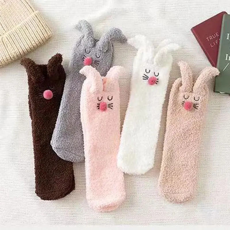 5 Pairs Kawaii Women Socks Animal Ankle Socks Women Winter Terry Socks Girls Rabbit Head Socks Coral Fleece Mid-calf Room Socks