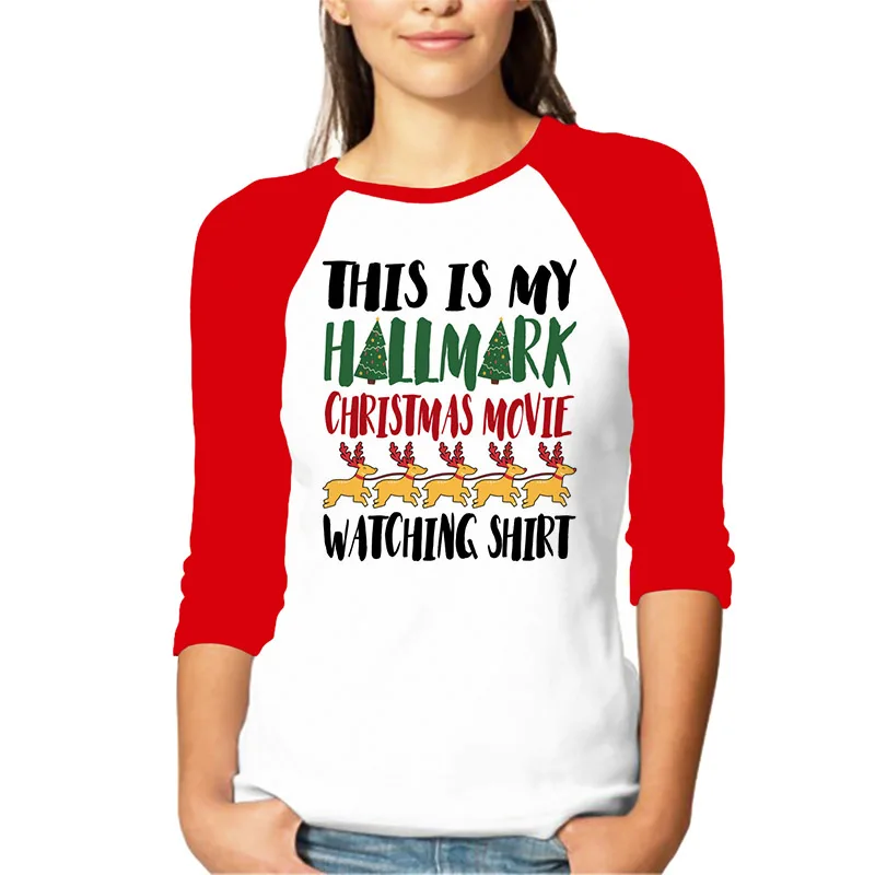 Watch Christmas Movies Graphic Reglan Sleeve T Shirt Women Autumn Winter O-Neck Tshirt Fashion Casual Female Tops Tee | Женская одежда