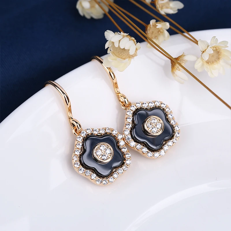 TUHE New Vintage Black Ceramic Earrings Rose Gold Silver Flower Shape With One Row Bling Crystal Women Drop Wedding | Украшения и