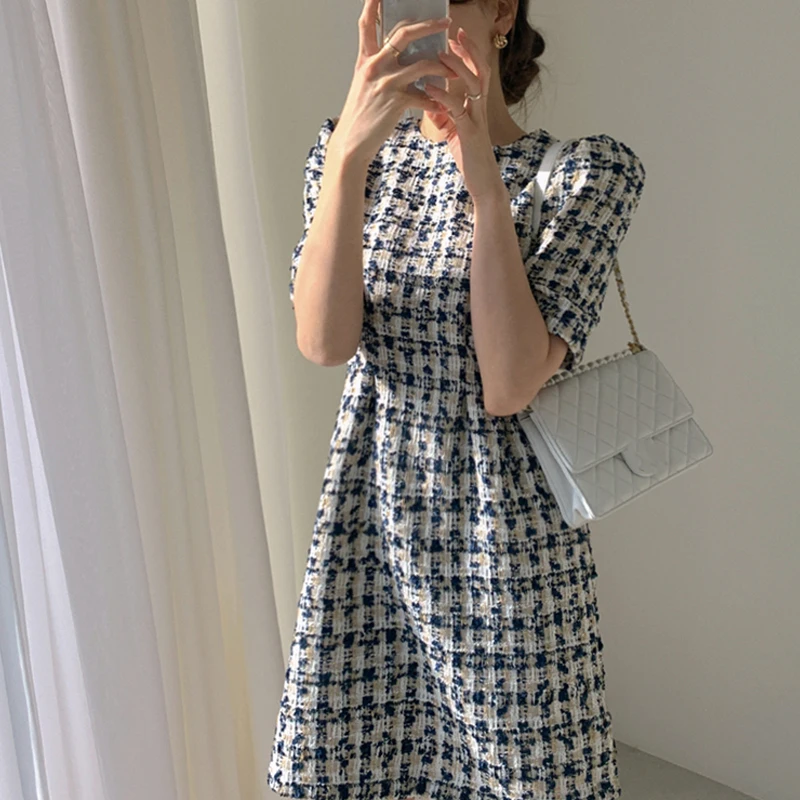 

Vintage Tweed Slim Waist Women Short Mini Dress Summer Elegant Female A-line Woolen Dress Office Work Wear Vestidos Femme Robe