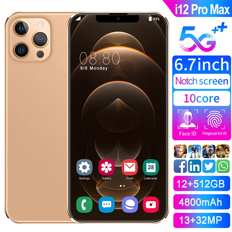 

I12 Pro Max Global Version 6.7Inch Newest 4800mAh 12GB 512GB Android9.1 HD Screen 5G 10Core Cellphone Mobile Phone Smartphone