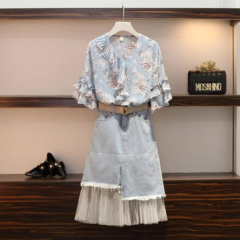 ICHOIX Женская Цветочная шифоновая рубашка с оборками и джинсовая юбка летние