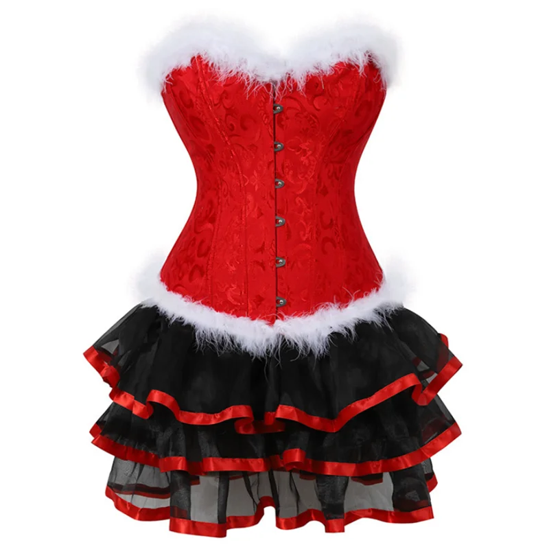 Christmas Corset Dress Overbust Bustier Skirts Corsete Lingerie Vintage Plus Size Costume Burlesque Red Santa Corset Dresses