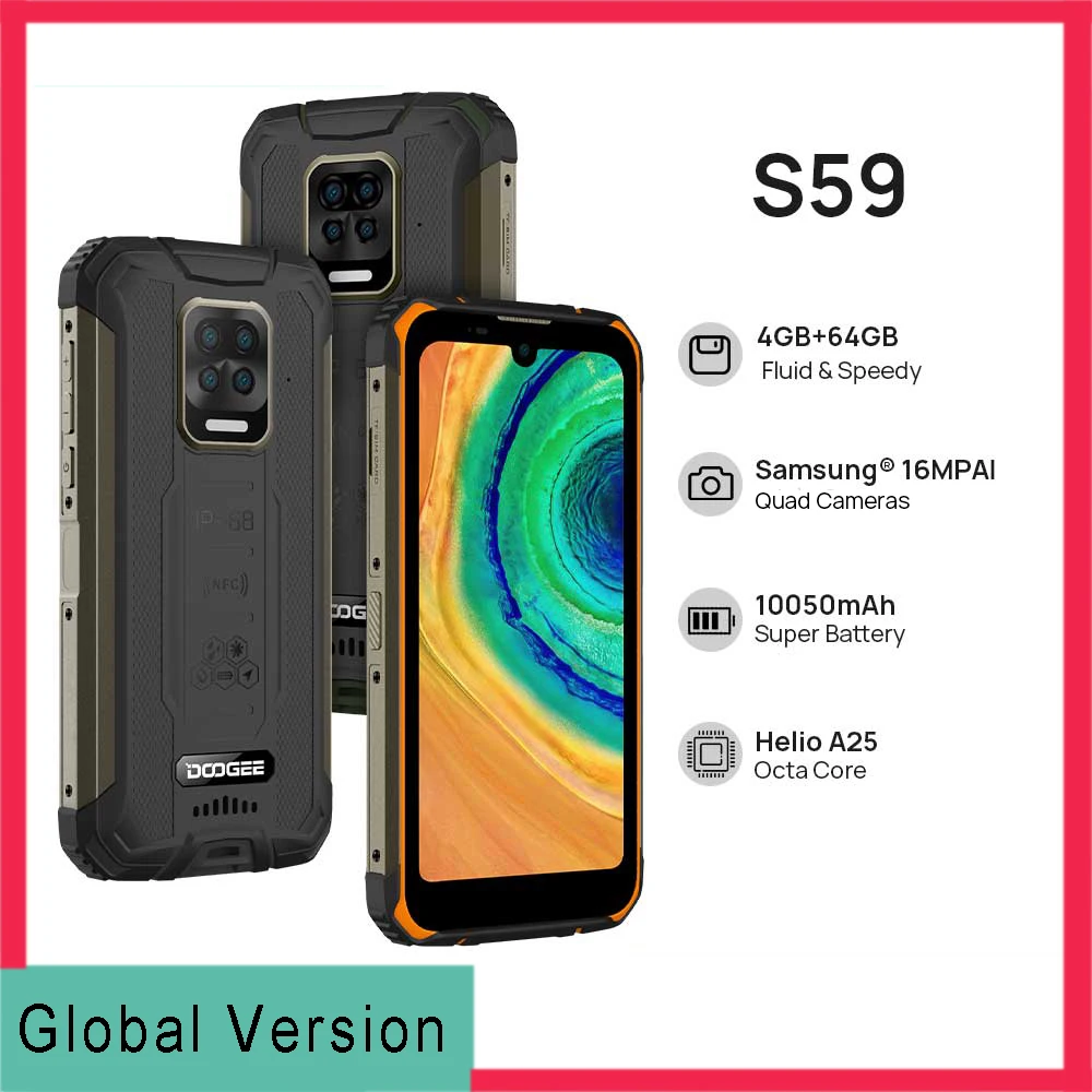 Перейти на Алиэкспресс и купить DOOGEE S59 смартфон 4 Гб + 64 Гб телефон прочный телефон 10050 мАч супер батарея IP68/IP69K 2 Вт громкий громкоговоритель
