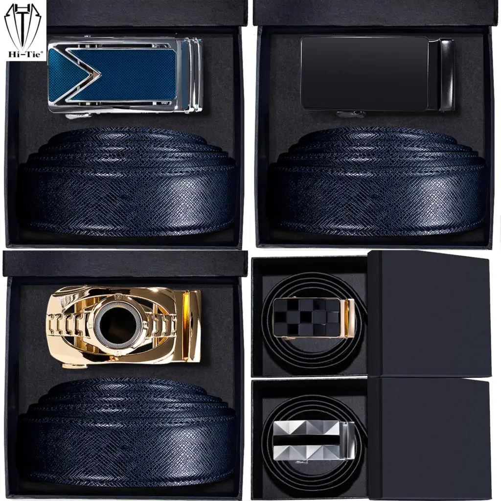 High Quality Boxed Mens Belts Blue Navy Genuine Leather Waist Belt 50 Kinds Automatic Buckles Ratchet Waistband for Dress Jeans