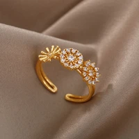 zircon flower open rings for women stainless steel color geometric flower ring fashion christams party jewelry gift 2021