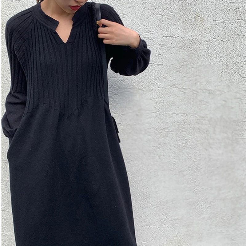 Black Dress KAI-MO; сезон весна-осень; вязаное платье с рюшами в стиле ретро; французский стиль; шикарный вязаный свитер с v-образным вырезом и длинными рукавами; базовое платье mori girl - Цвет: Black Dress