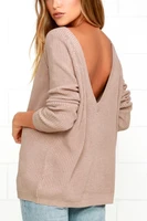 spring summer slim sweater women solid color long sleeve sexy back deep v neck open back womens leisure loose knit sweater