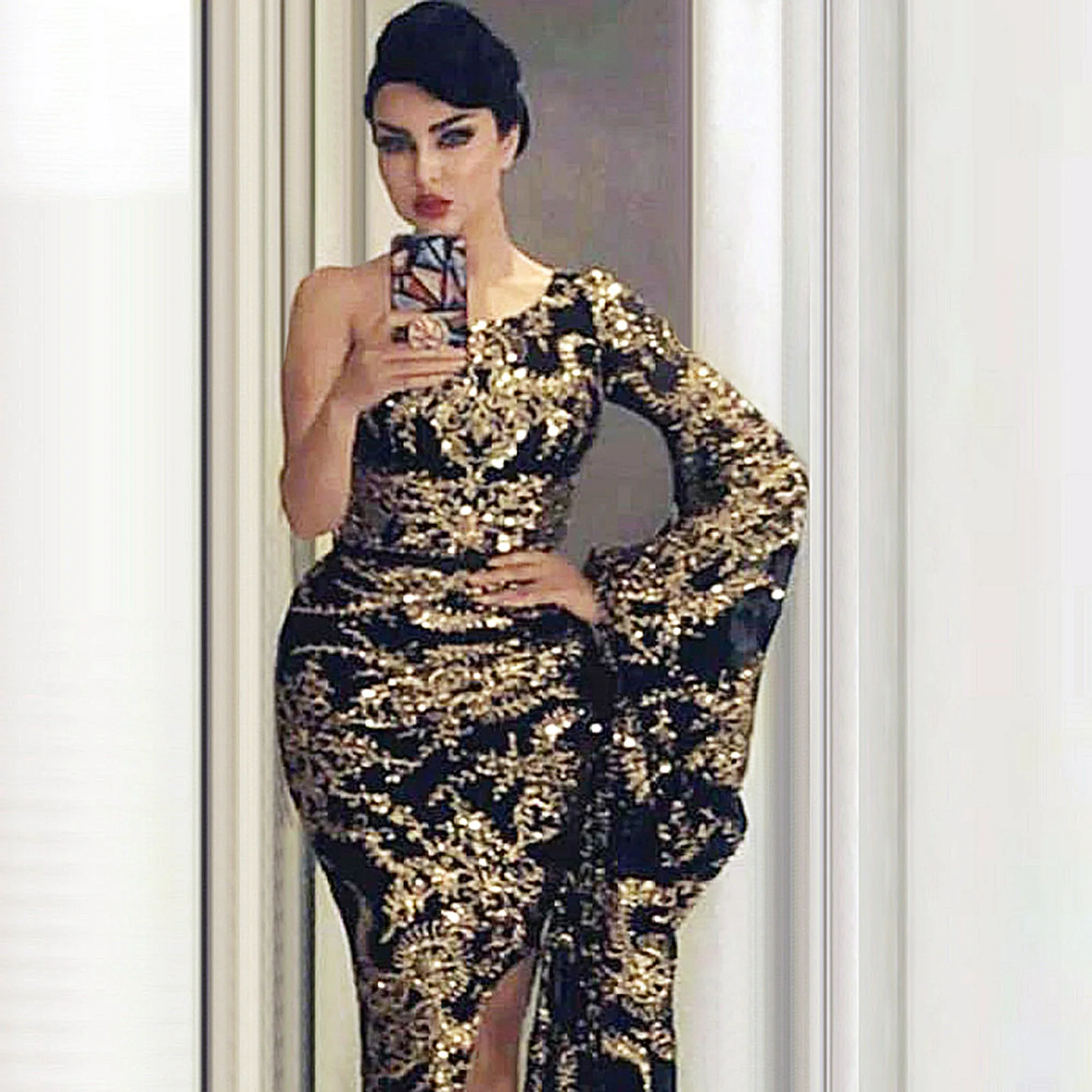 

Черное вечернее платье на одно плечо с горячим тиснением модное вечернее платье с рукавами-колоколами сексуальное облегающее вечернее пла...