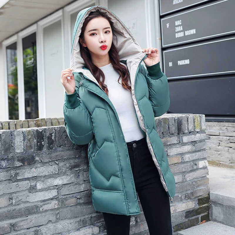 2020 Новое поступление модные однотонные Длинные пуховики с капюшоном женские