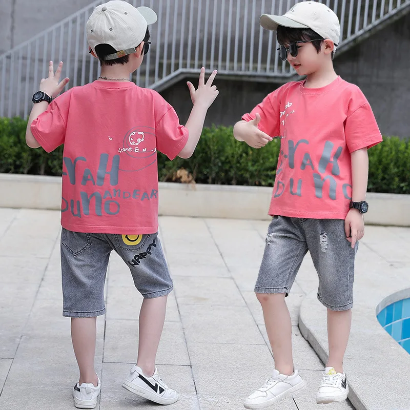 

Tracksuit for Summer Boys Fashion Cotton Hot Sale Korean O-Neck Short Sleeve Denim Shorts Two Piece Suit Teenage Kids Clothes