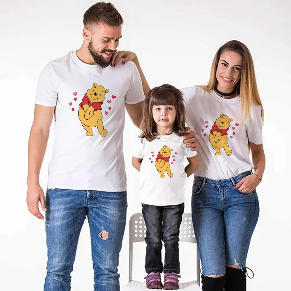 

Cute Pooh Bear Disney Family Clothing Sets Casual White Father Mother and Daughter Clothes Cartoon Aesthetic Tee Shirt Femme