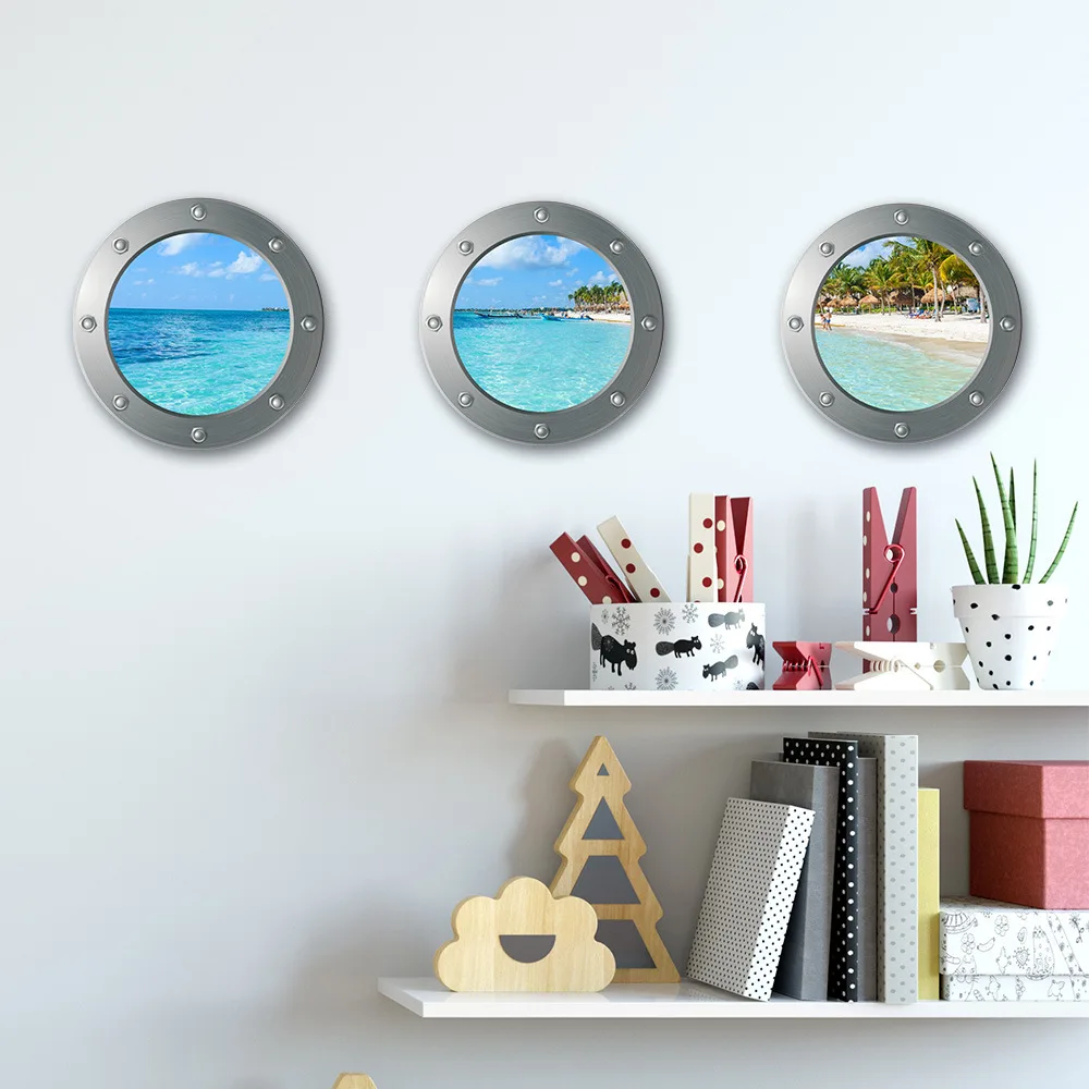 

3 Pcs 3D Submarine Window Beach and Sea View Wall Stickers Decor Sticker Living Room Home Decoration Accessories