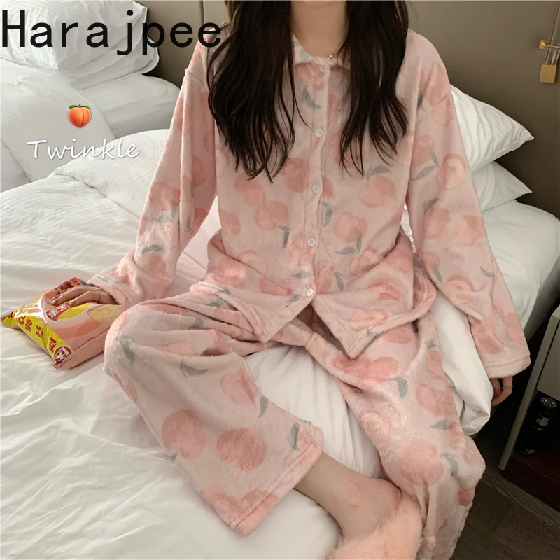 

Harajpee Women Pajamas 2021 Spring Autumn Japanese Sweet Temperament Kawaii Style Peach Printed Coral Fleece Home Wear Suits
