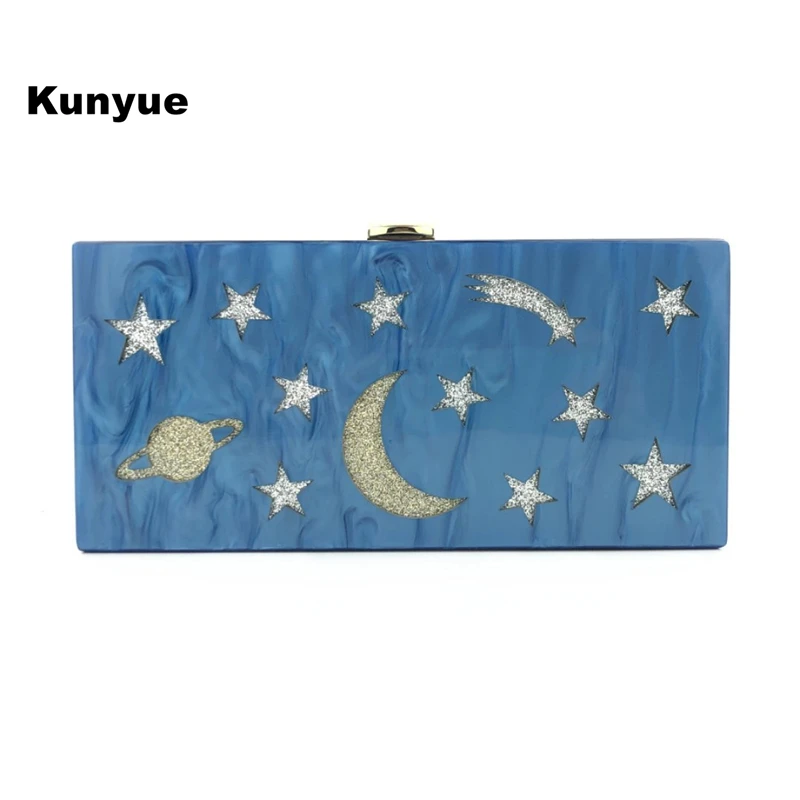 Новое дизайнерское синее платье с жемчугом и рисунком Луна Звезды пейзаж Акрил
