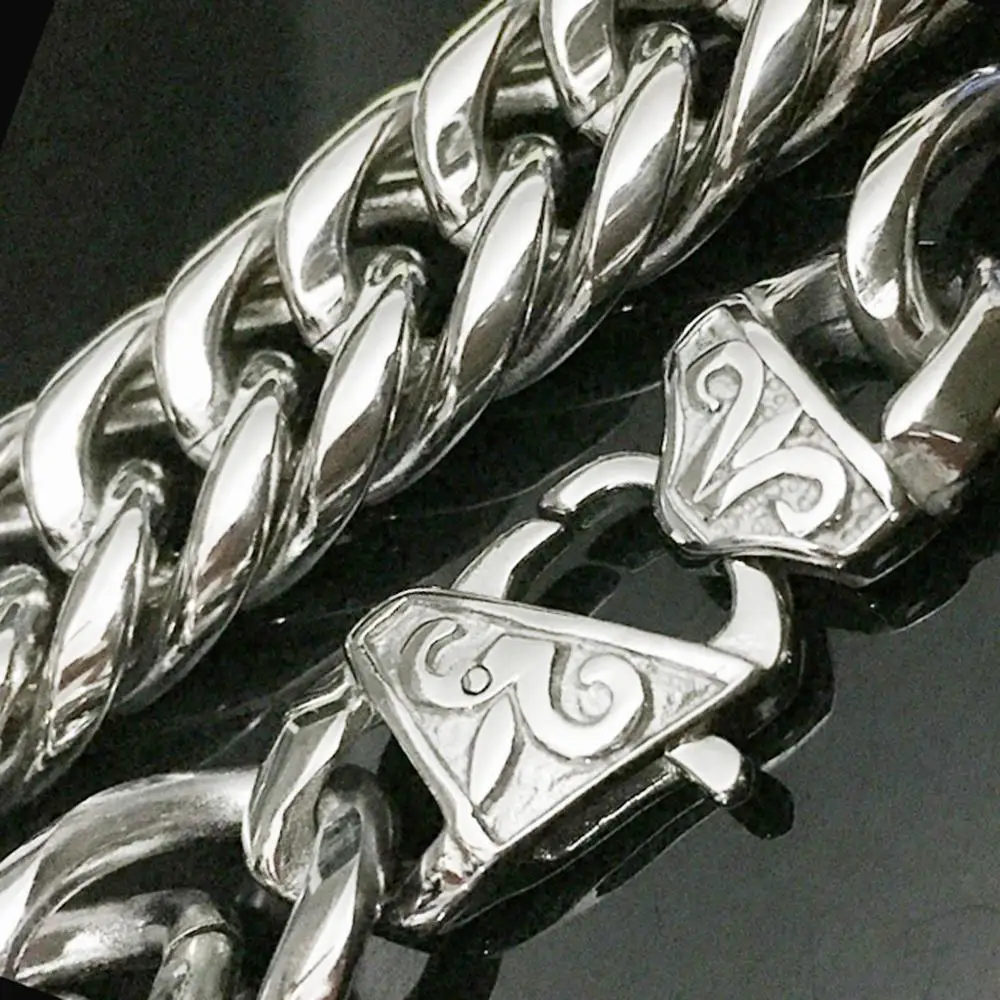 

Men's Miami Cuban Link Silver Color Cuban Chain 16mm Necklace Stainless Steel Cuban European and American Hip-Hop Jewelry