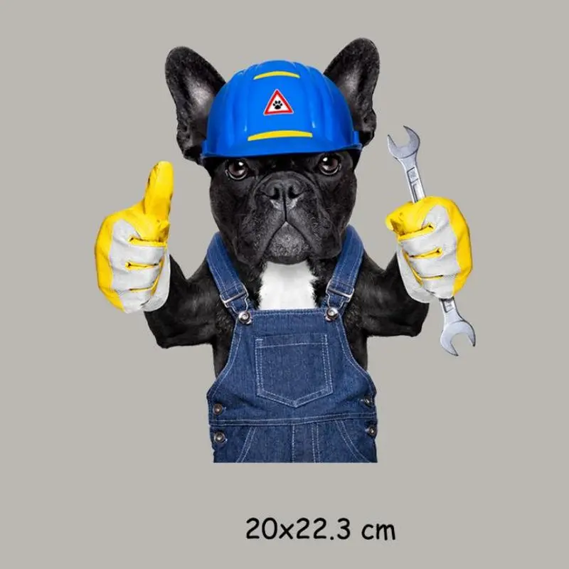 

20x22.3cm Cartoon Worker Dog Animal Iron On Patches For DIY Heat Transfer Clothes T-Shirt Thermal Stickers Decoration Printing