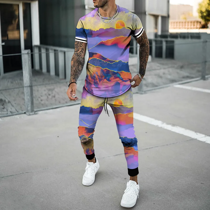 

Landscape Painting 3D Printing Men's T-Shirt + Sports Pants 2-Piece Set Summer New Fashion Casual Suit 2021 Hip-Hop Streetwear