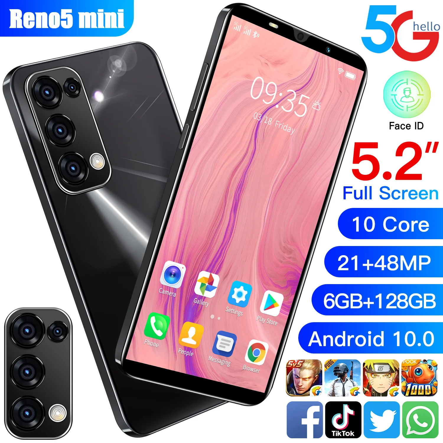 

Hot Sale Reno5mini 10 Core Dual SIM+Micro SD 6+128GB Face Fingerprint Unlock Cell Phone 4500mAh 21+48MP Mini Smart Phone Global
