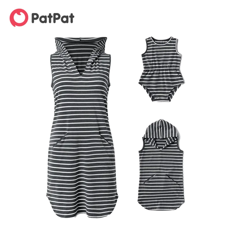 

PatPat 2020 New Summer Hooded Striped Tank Dresses for Mommy and Me Matching Outfits Mommy and Me Dresses