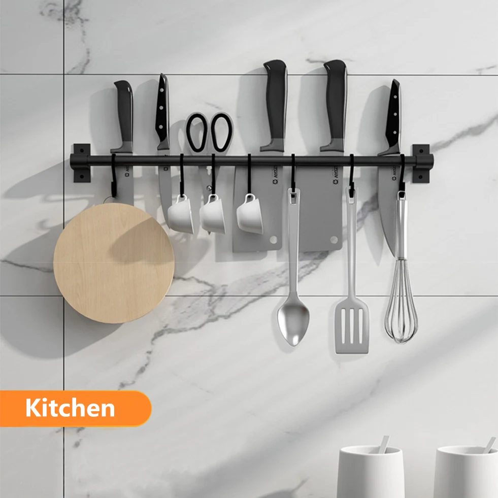 

Black Kitchen Hook Rack Wall Mounted Pantry Tool Holder Kitchen Shelf Aluminum Pantry Bar for Kitchenware Utensil Storage Rack