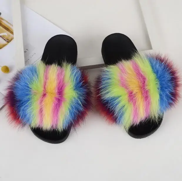 as pic shows 15 Women Fox Fur Slippers Real Fox Fur Slides Lovely Plush Slippers Woman Summer Home Sandals Women Fur Slides Furry Flip Flops Hot - Цвет: as pic shows 15