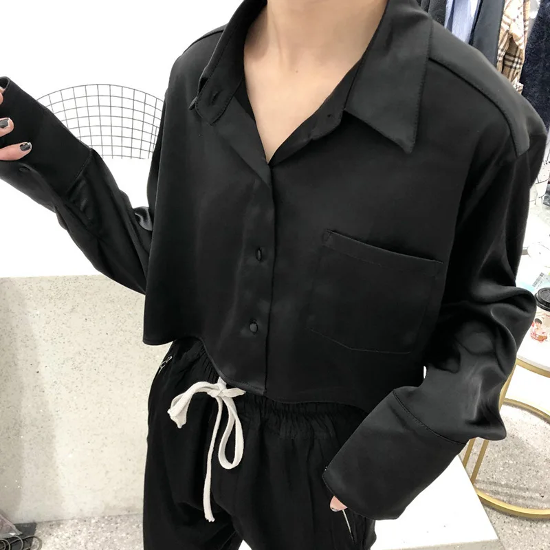 

A Wang 2020 Satin Black Short High-waist Long-sleeved Slim Ladies Shirt High Street Jacket Breathable Cool Fashionable Shirt