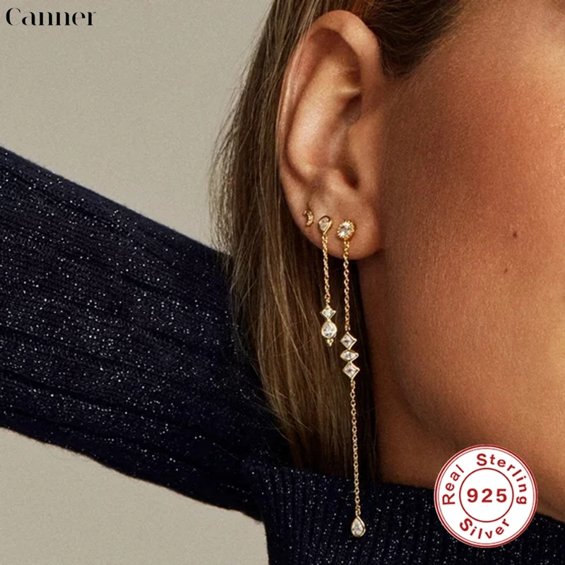 

CANNER Real 1pair 925 Sterling Silver Stud Earrings For Women Waterdrop Long Chain Earings Fine Jewelry Brincos Piercing aretes
